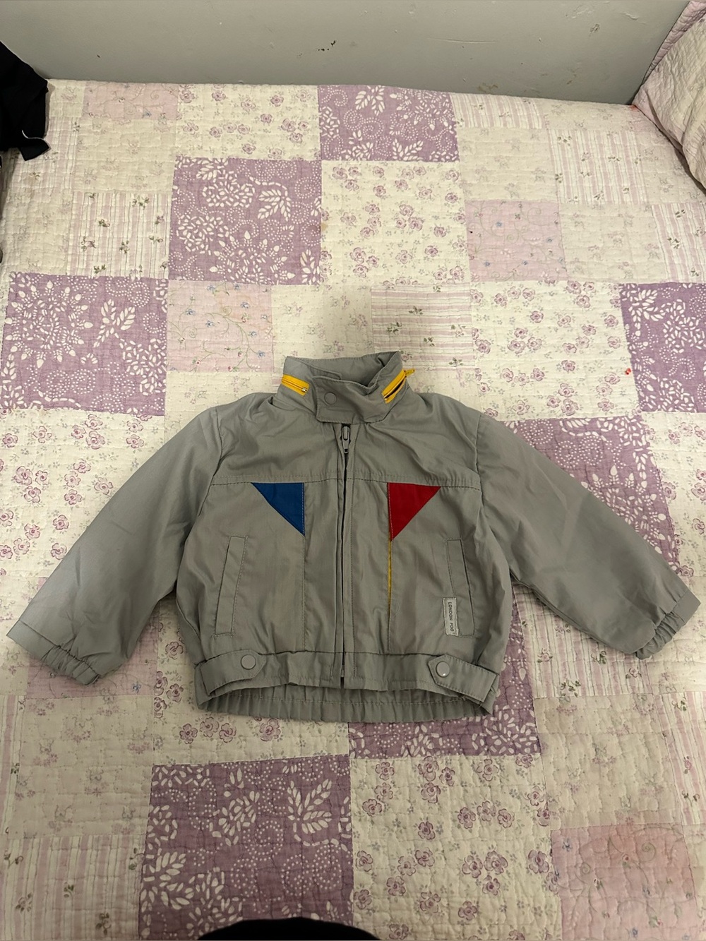London Fog Gray Kids Puffer Jacket with Blue & Red Accents